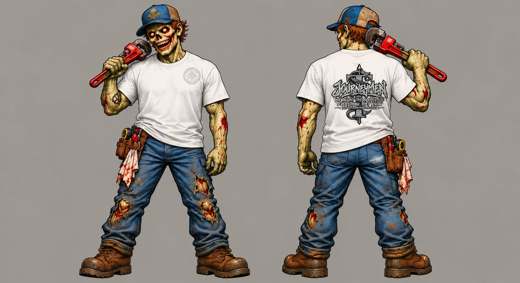 Deadleg wearing the Journeyman tee with original back artwork and matching left chest emblem