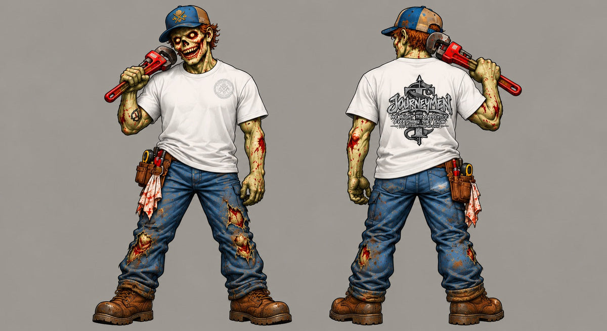 Deadleg wearing the Journeyman tee with original back artwork and matching left chest emblem